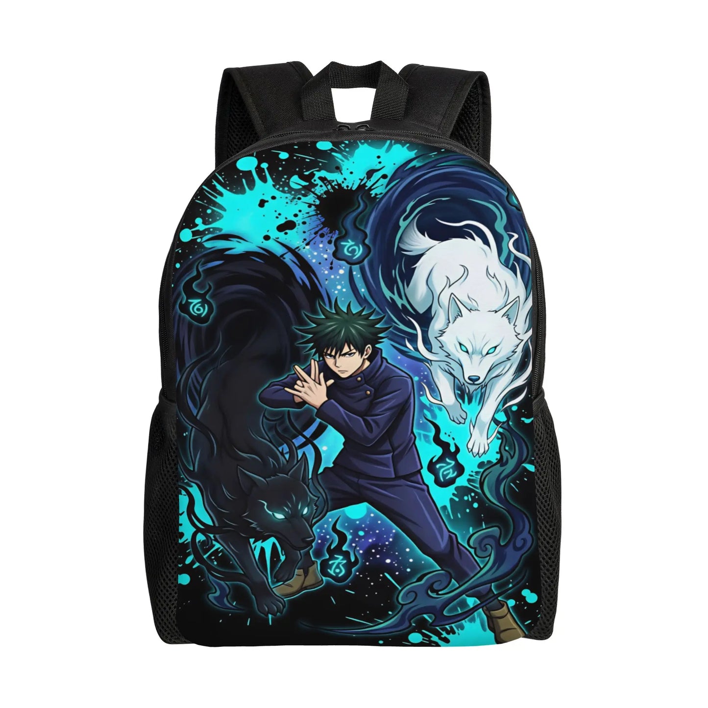 Sac à dos turquoise et noir avec illustration Jujutsu Kaisen et loup blanc