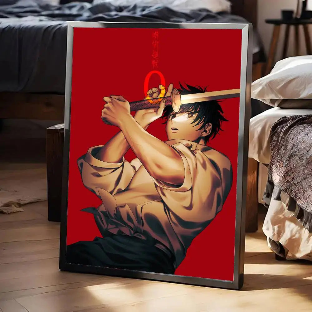 Poster Jujutsu Kaisen Yuta Katana Fond Rouge : affiche anime avec personnage tenant un sabre, fond rouge