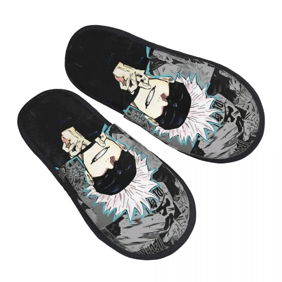 Chaussons noirs à motifs manga Jujutsu Kaisen, personnages au centre et semelle noire.
