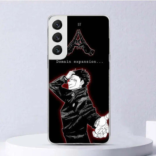 Coque Samsung Jujutsu Kaisen Sukuna Domain Expansion : coque de téléphone Samsung noire avec illustration Sukuna «Domain expansion…» et