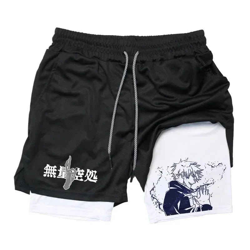 Short Jujutsu Kaisen Gojo Silhouette Encre Bleue : noir double superposition, cordon de serrage et imprimé Gojo bleu