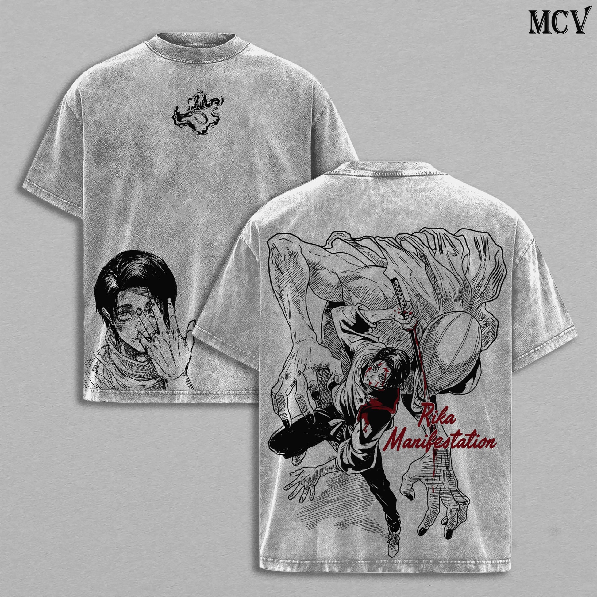 T-shirt imprimé gris, face et dos avec personnages au style dessin