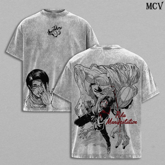 T-shirt imprimé gris, face et dos avec personnages au style dessin