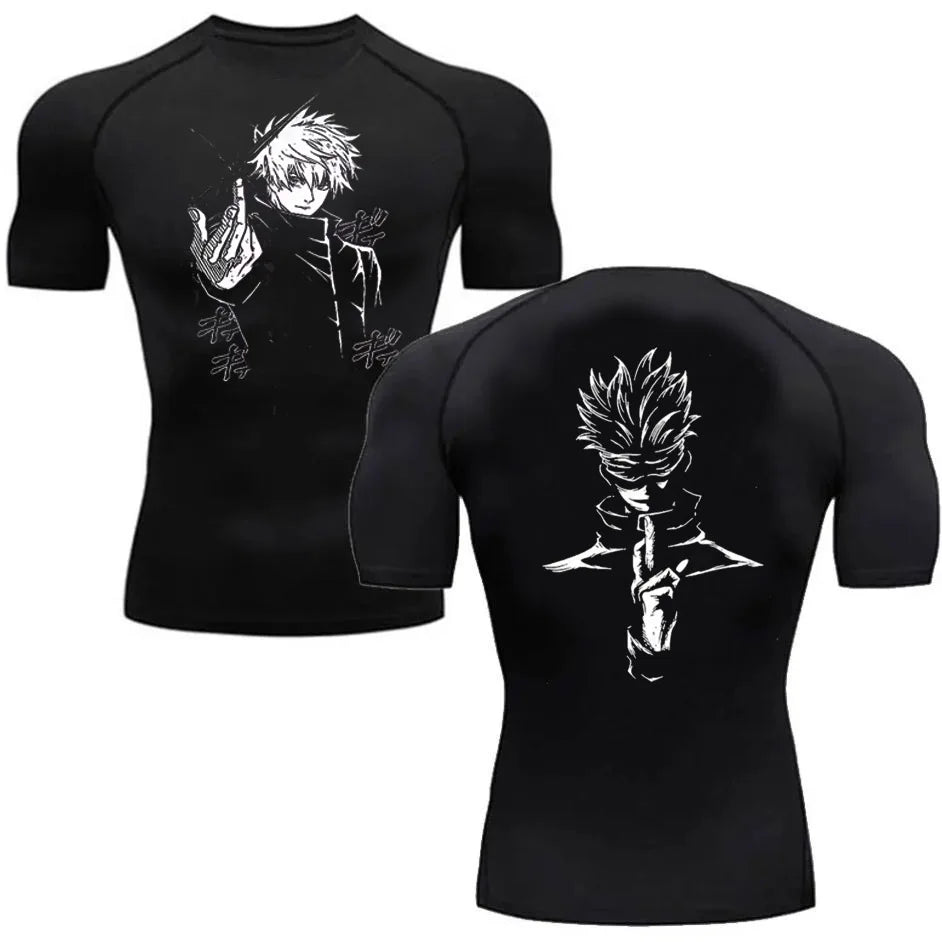 T-shirt de compression noir à manches courtes, imprimé manga Gojo devant et au dos