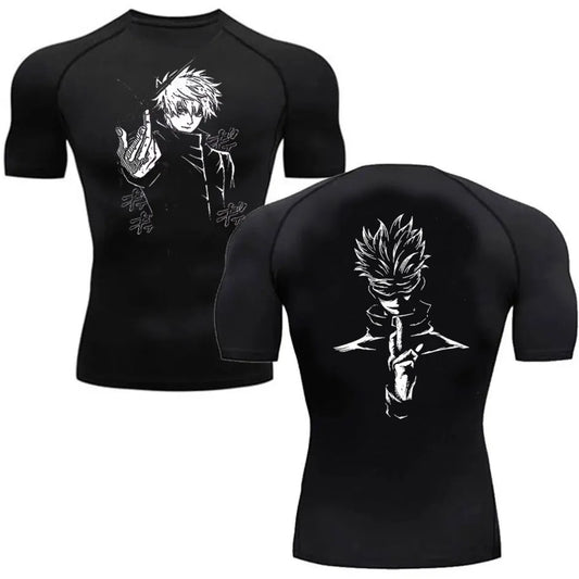 T-shirt de compression noir à manches courtes, imprimé manga Gojo devant et au dos