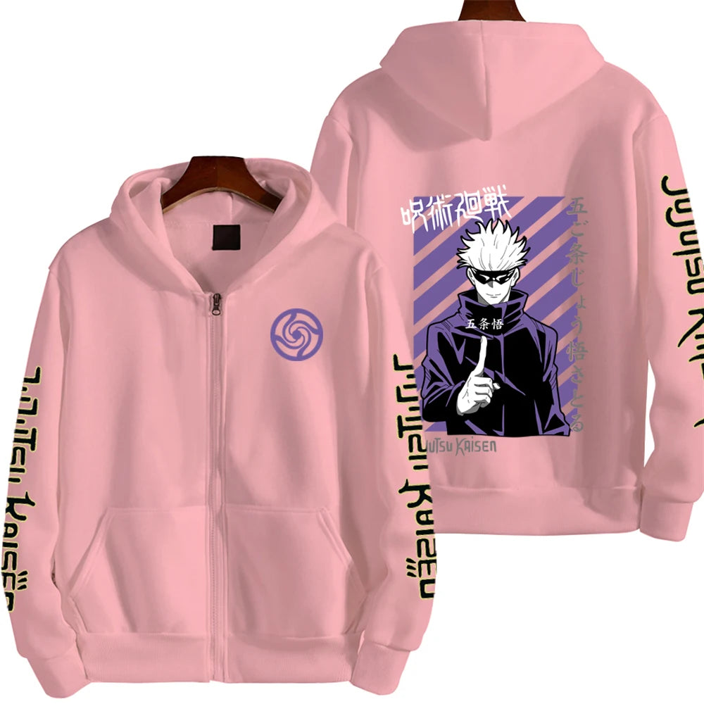 Veste à capuche zippée rose, motif violet au dos et spirale au devant.