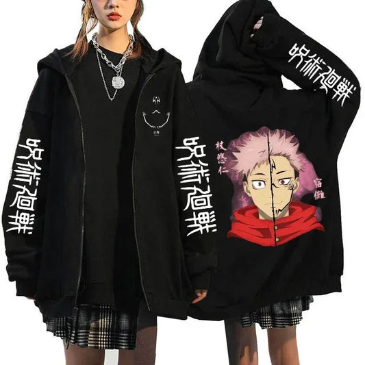 Chaqueta con capucha negra con cierre, motivos estampados y texto en las mangas