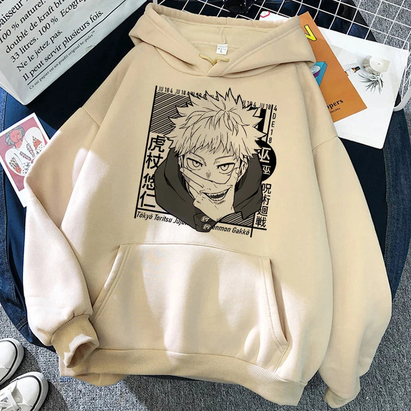Sweat à capuche beige avec grand motif de personnage imprimé au centre