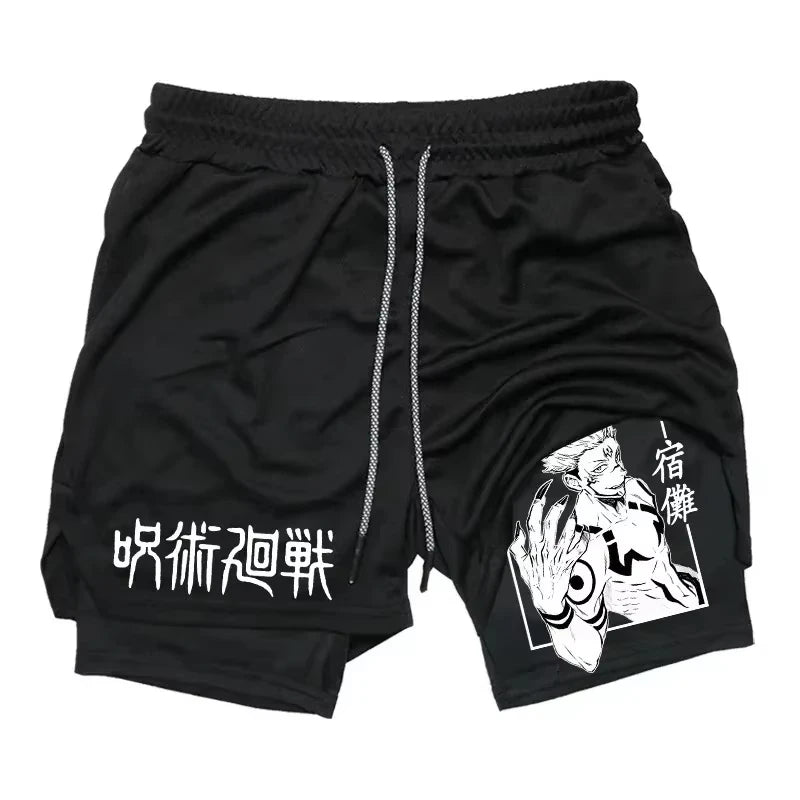 Shorts de sport noirs avec cordon et imprimé blanc et noir au bas de la jambe droite.