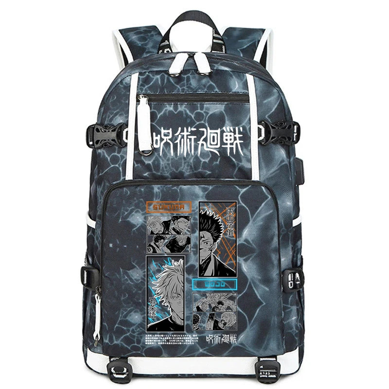 Sac à dos bleu foncé marbré, bretelles blanches, poche frontale zippée avec graphismes