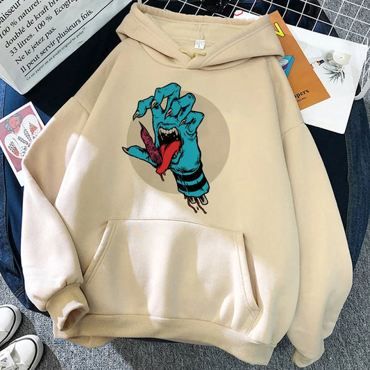 Sweat à capuche beige, grande poche kangourou et motif bleu du démon sur le devant