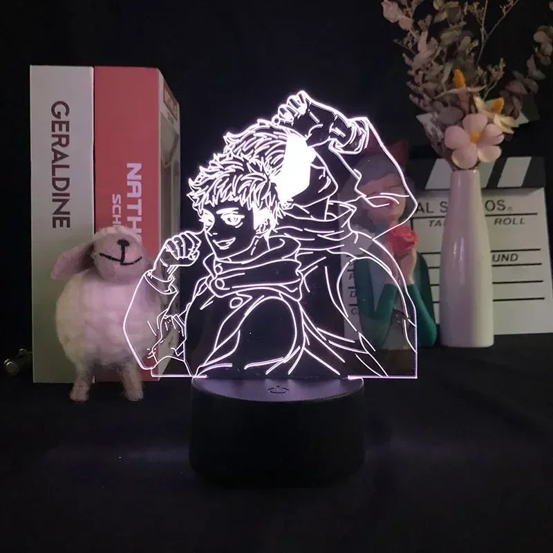 Lampe LED Jujutsu Kaisen Sukuna Silhouette Géante : à silhouette géante lumineuse, socle noir, motif en lignes blanches.