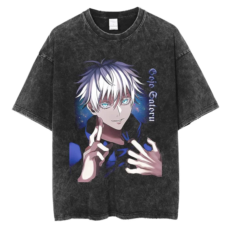 T-shirt Jujutsu Kaisen Gojo Ciel Étoilé Nocturne : noir avec portrait de Gojo bleu et texte vertical « Gojo Satoru »