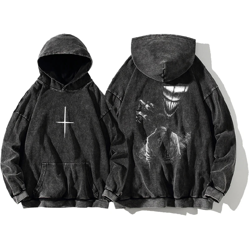 Pull Jujutsu Kaisen Yuta Rika Masque Noir et Blanc : à capuche noir avec motifs imprimés blanc, croix et visage, manches longues