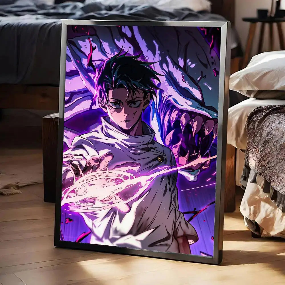Poster Jujutsu Kaisen Yuta x Rika Sortilège Violet : affiche en cadre noir, illustration violette de Yuta et Rika, effets magiques.