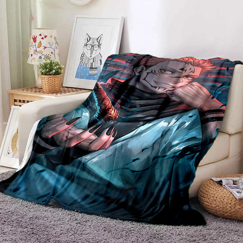 Plaid kimono bleu et noir à motif manga, bordure contrastée rouge et rouge foncé