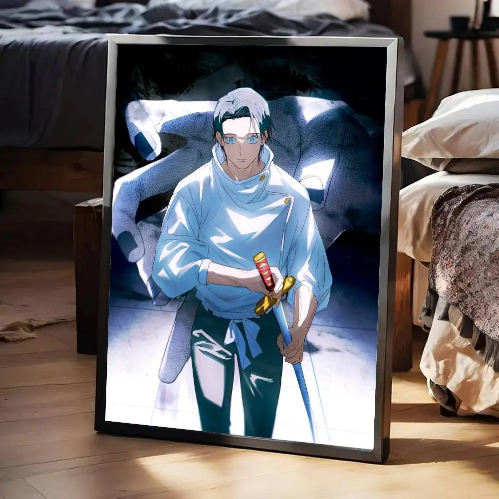 Affiche encadrée Jujutsu Kaisen : Yuta aux teintes bleues, halo lumineux et katana