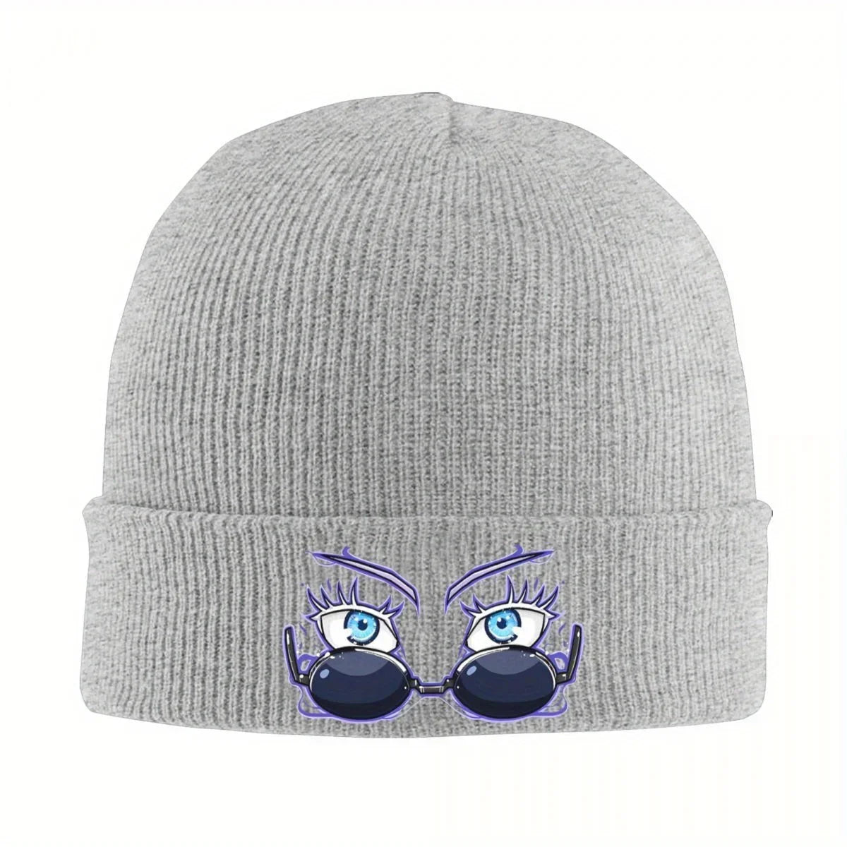 Bonnet tricot gris clair, bord côtelé, logo de personnages bleus sur le revers
