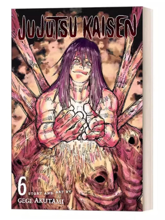 Libro Jujutsu Kaisen Volúmenes 6-8 en inglés: portada del tomo 6, personaje de pelo violeta