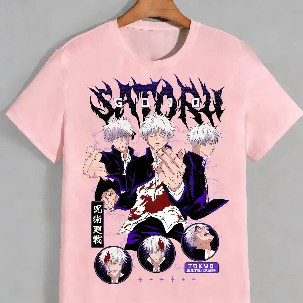 T-shirt Jujutsu Kaisen rose pâle avec visuel Gojo violet et personnages imprimés devant