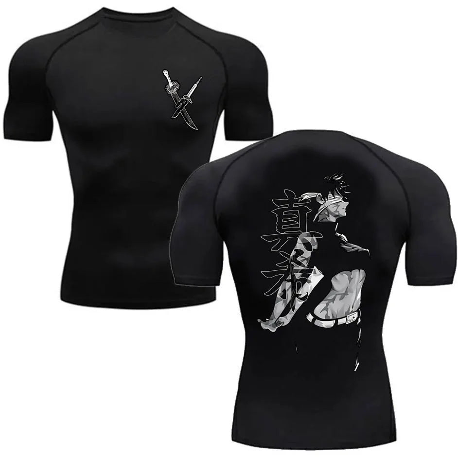 T-shirt compression noir manches courtes, motifs épée à l’avant et personnage au dos