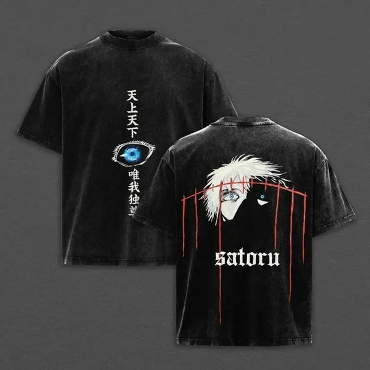 T-shirt noir Jujutsu Kaisen, imprimé œil bleu sur l’avant et personnage au dos
