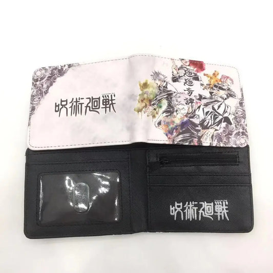 Portefeuille bi-matière blanc et noir, poche transparente pour cartes et imprimé manga.