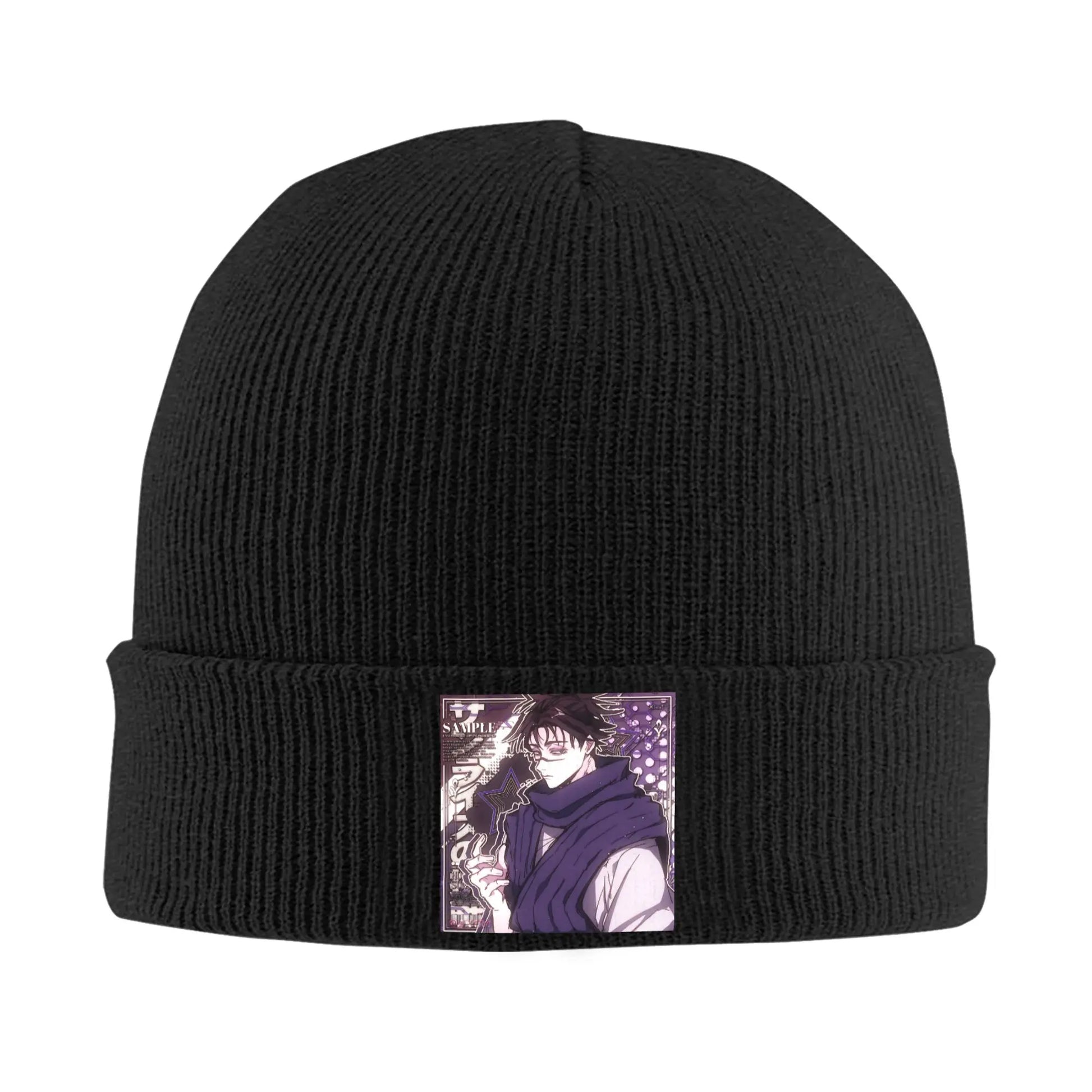Bonnet Jujutsu Kaisen Choso Buste Violet : en maille tricot noir avec écusson illustré sur le revers