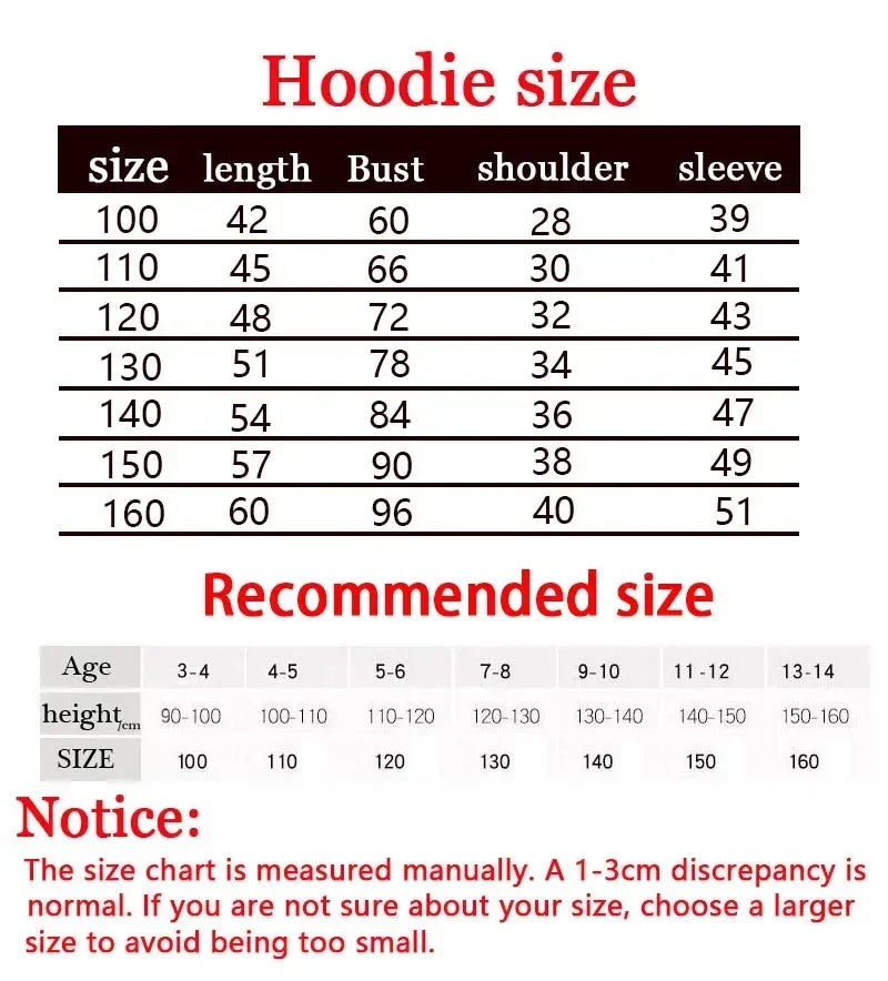 Tableau des tailles hoodie : longueur, tour de poitrine, épaules, manche