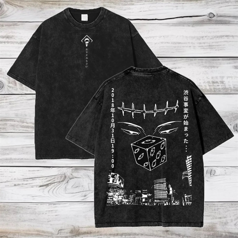 T-shirt noir avec motifs graphiques avant et dos, impression monochrome
