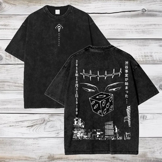 T-shirt noir avec motifs graphiques avant et dos, impression monochrome