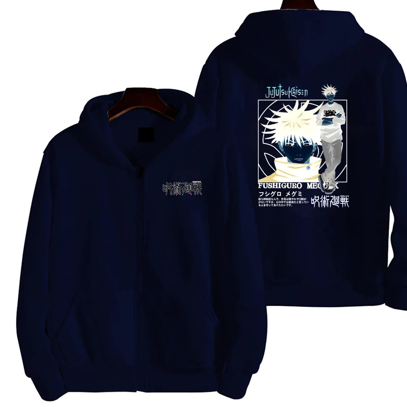 Veste à capuche zippée bleu marine, imprimé manga sur le panneau arrière.