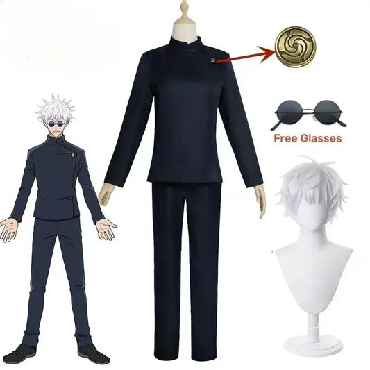 Ensemble de costume sombre : veste à col montant, pantalon long, perruque blanche