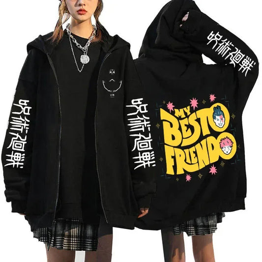 Chaqueta con capucha negra con letras amarillas « Besto Friendo » e inscripciones blancas en las mangas