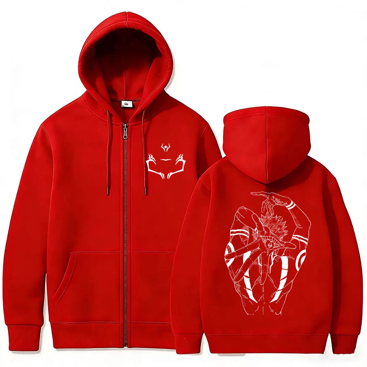Veste à capuche zippée rouge, imprimé démon aux yeux devant et dos, poches kangourou