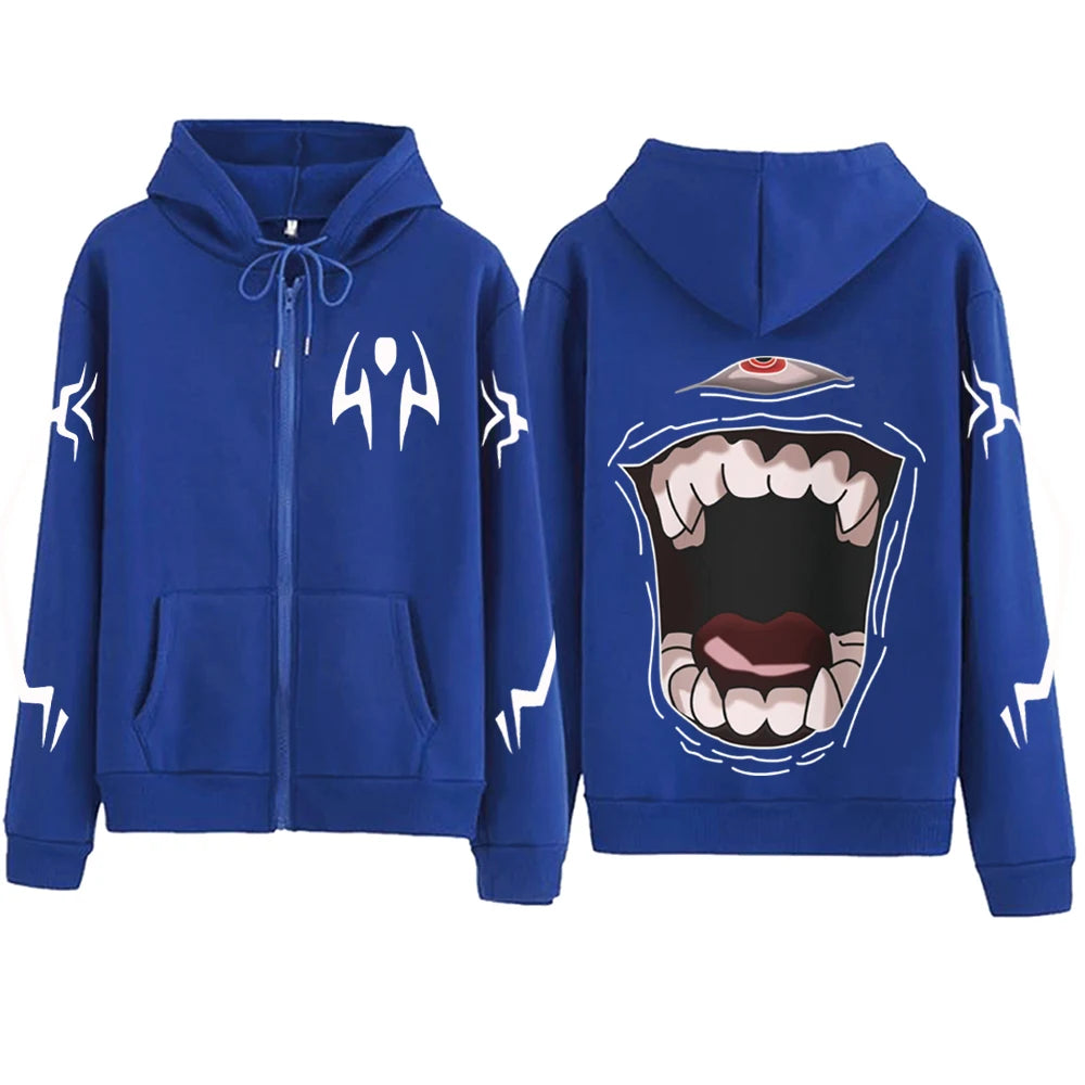 Veste à capuche zippée bleue, impression manga sur le torse et les manches.
