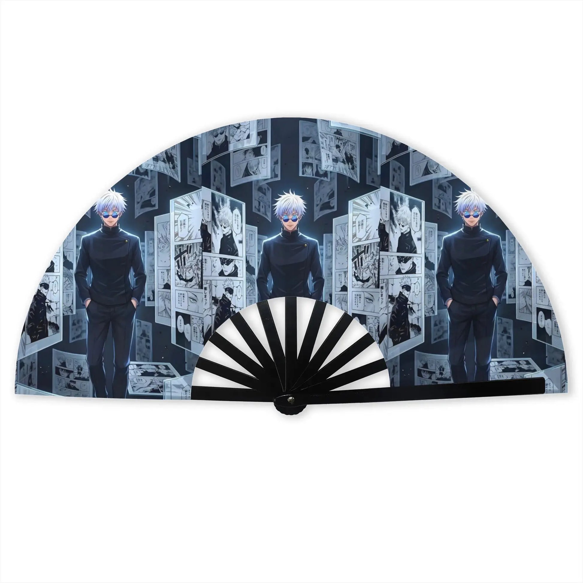 Éventail pliant noir et bleu avec illustrations de manga et personnage, poignée ronde