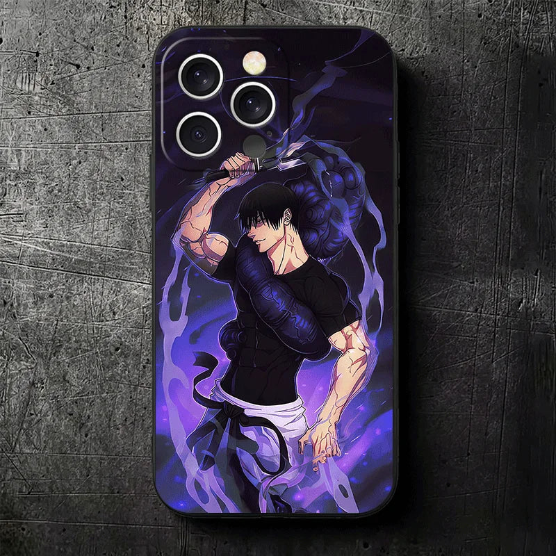 Coque iPhone sombre avec personnage et dague, motif violet et noir