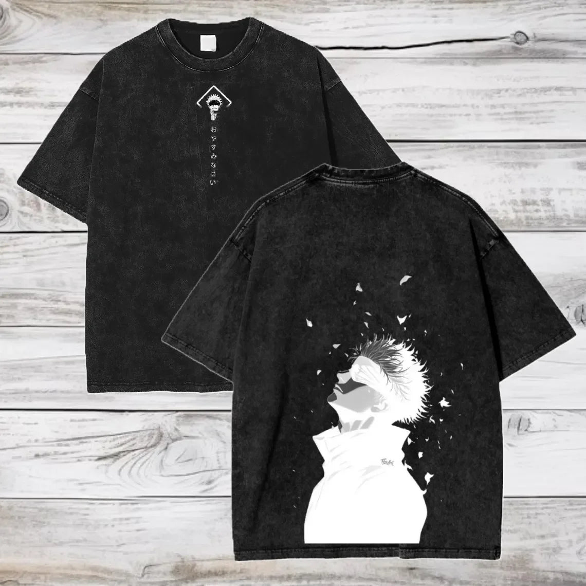 T-shirt noir col rond, manches courtes, imprimé dos et profil stylisé devant.