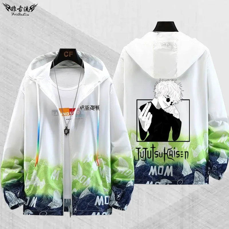 Gilet transparent Gojo Jujutsu Kaisen à capuche, dos avec personnage blanc et Jujutsukaisen MOM
