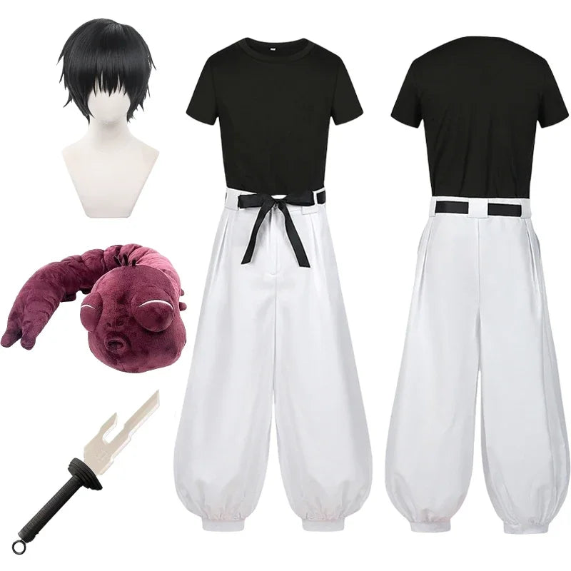 Costume Jujutsu Kaisen Toji Fushiguro Iconique : ensemble costume: t-shirt noir, pantalon blanc ample, ceinture noire avec nœud.