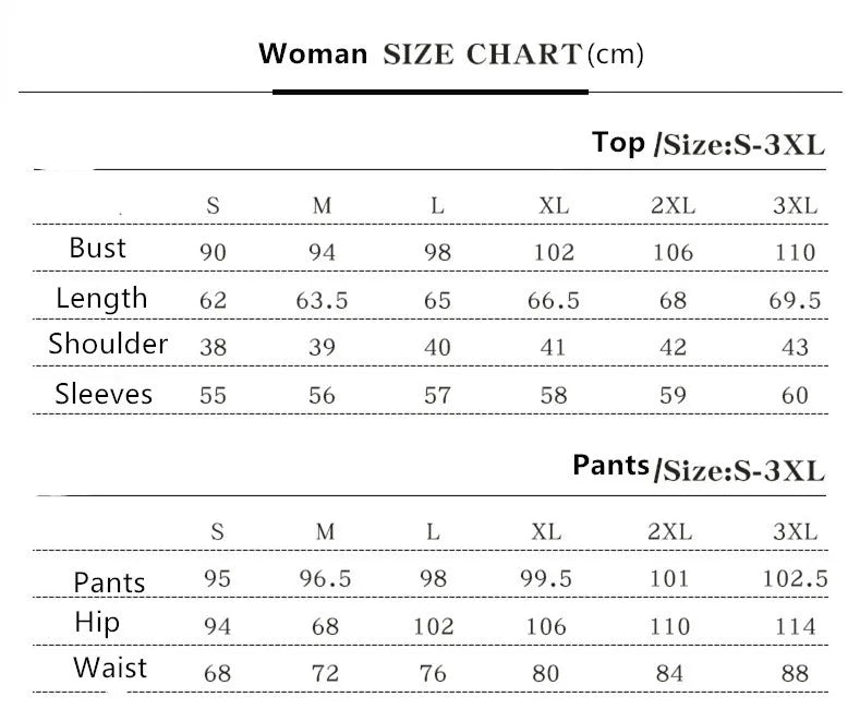 Tableau des tailles femmes (cm) : mesures du haut et du pantalon, S à 3XL.