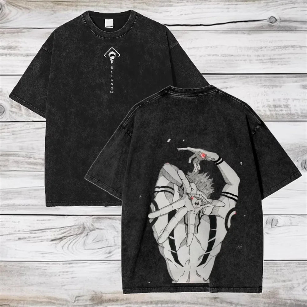 T-shirt noir imprimé recto-verso, visage démoniaque aux yeux et bras en mouvement