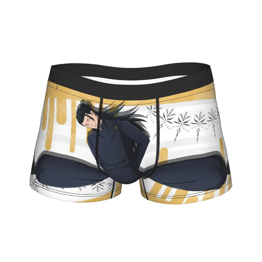 Boxer court bleu foncé avec imprimé Suguru Geto et ceinture noire rayée