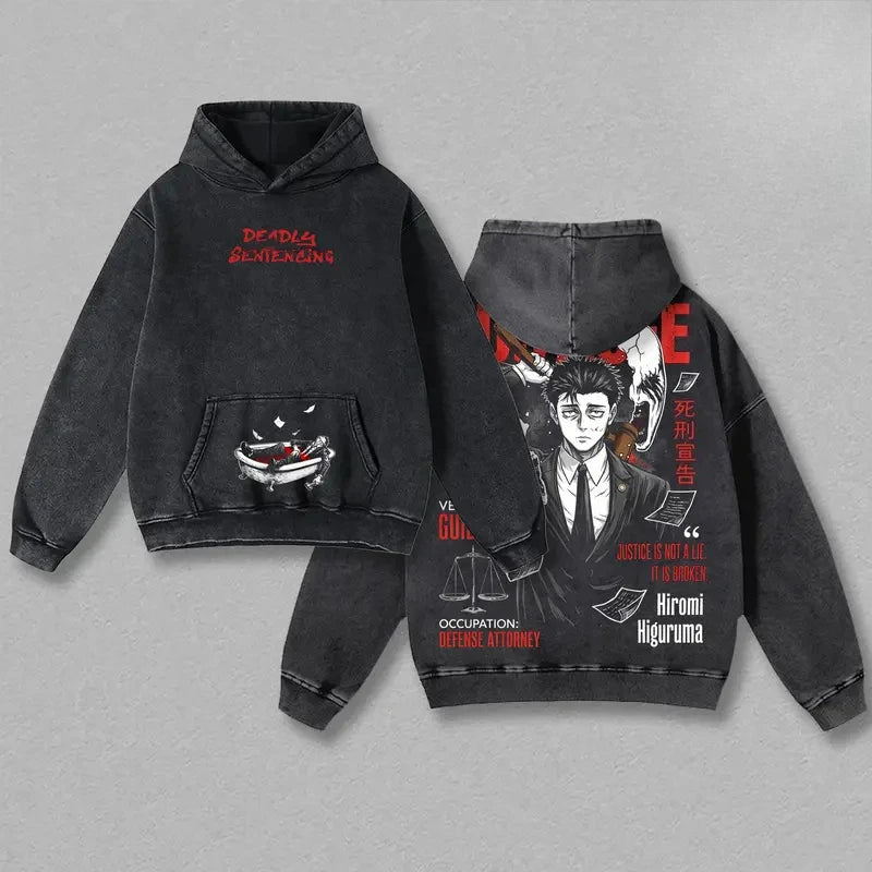 Pull Jujutsu Kaisen Hiromi Higuruma Verdict : à capuche noir avec poche kangourou, motif manga rouge et blanc Hiromi Higuruma