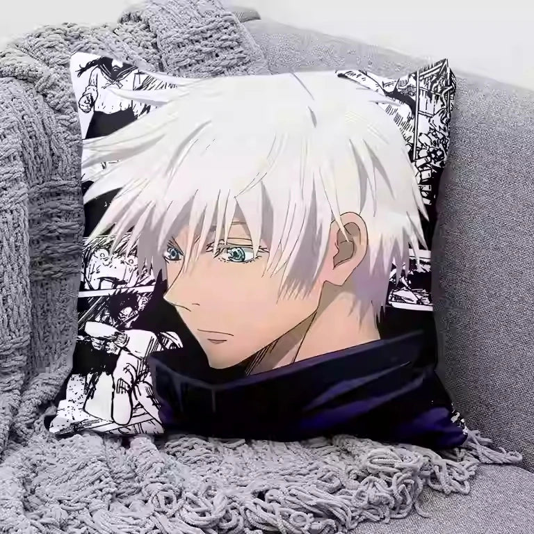 Coussin Jujutsu Kaisen Gojo Regard Planches Manga : carré avec illustration anime de personnage aux cheveux blancs et yeux verts