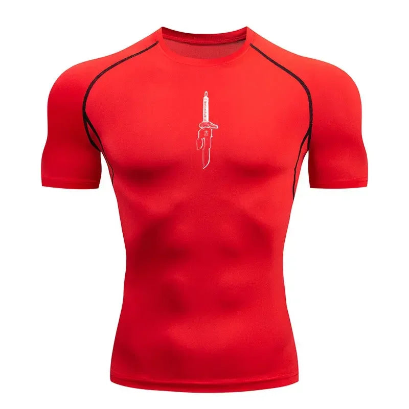 T-shirt de compression rouge avec coutures contrastées et motif épée blanche sur le devant