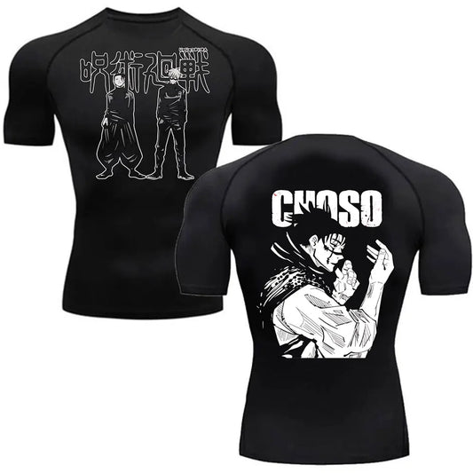T-shirt compression noire avec imprimé Choso au dos et silhouettes au devant
