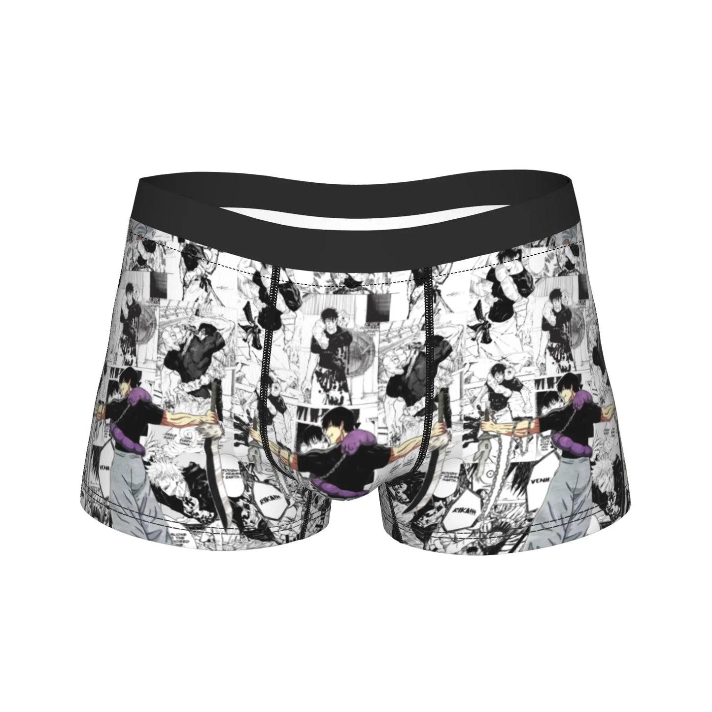 Boxer noir à ceinture et motif manga noir et blanc, motif Toji Fushiguro