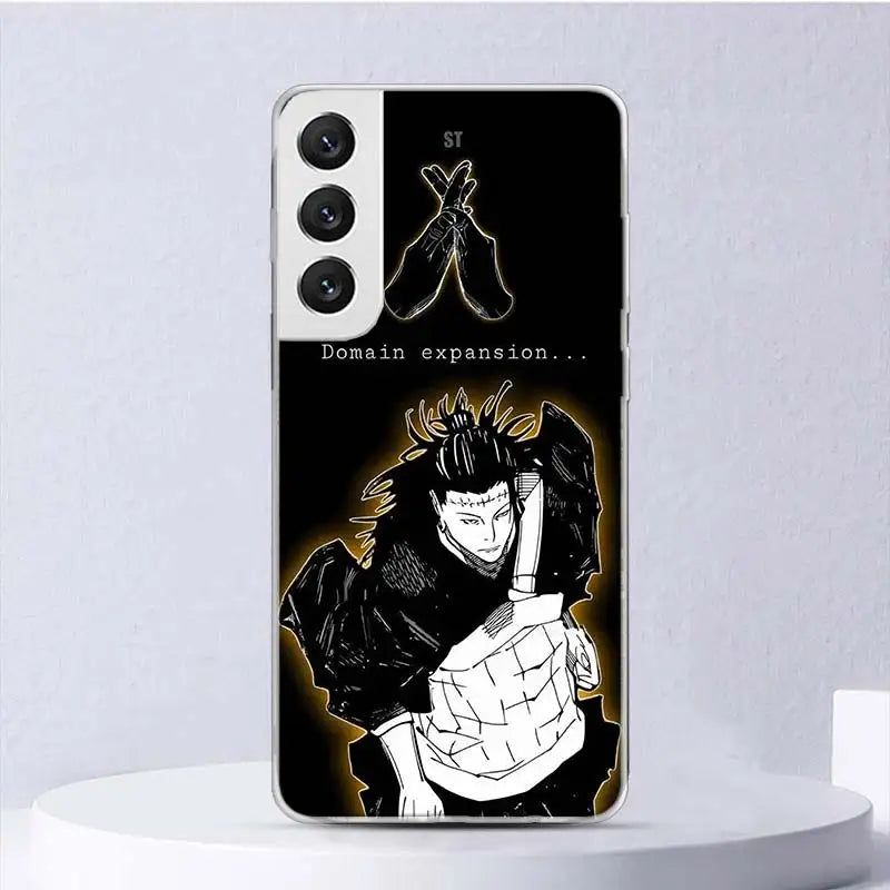 Coque Samsung Jujutsu Kaisen Kenjaku Domain Expansion : noire avec illustration de Kenjaku et texte «Domain expansion…»